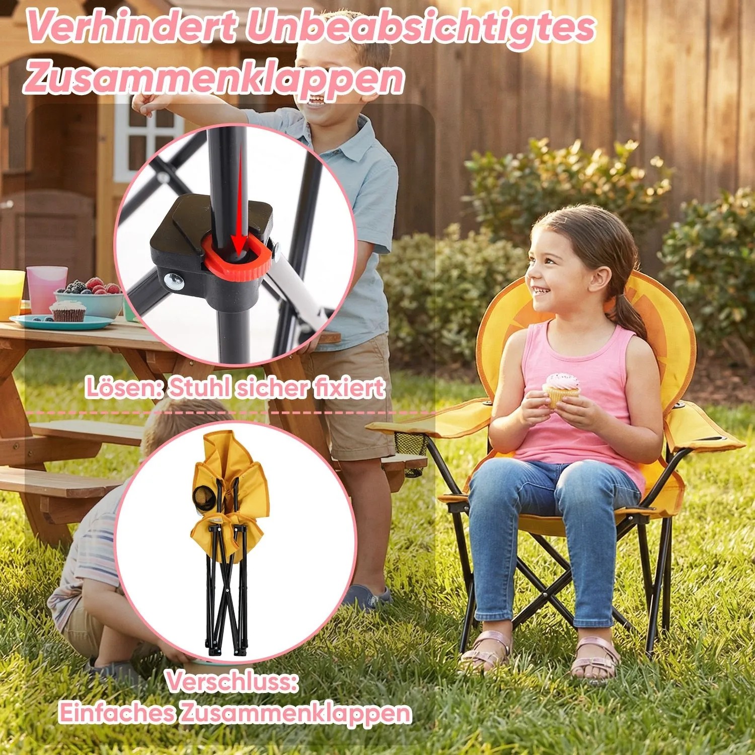 Sunula Kinder Campingstuhl Löwe im Garten mit spielenden Kindern.