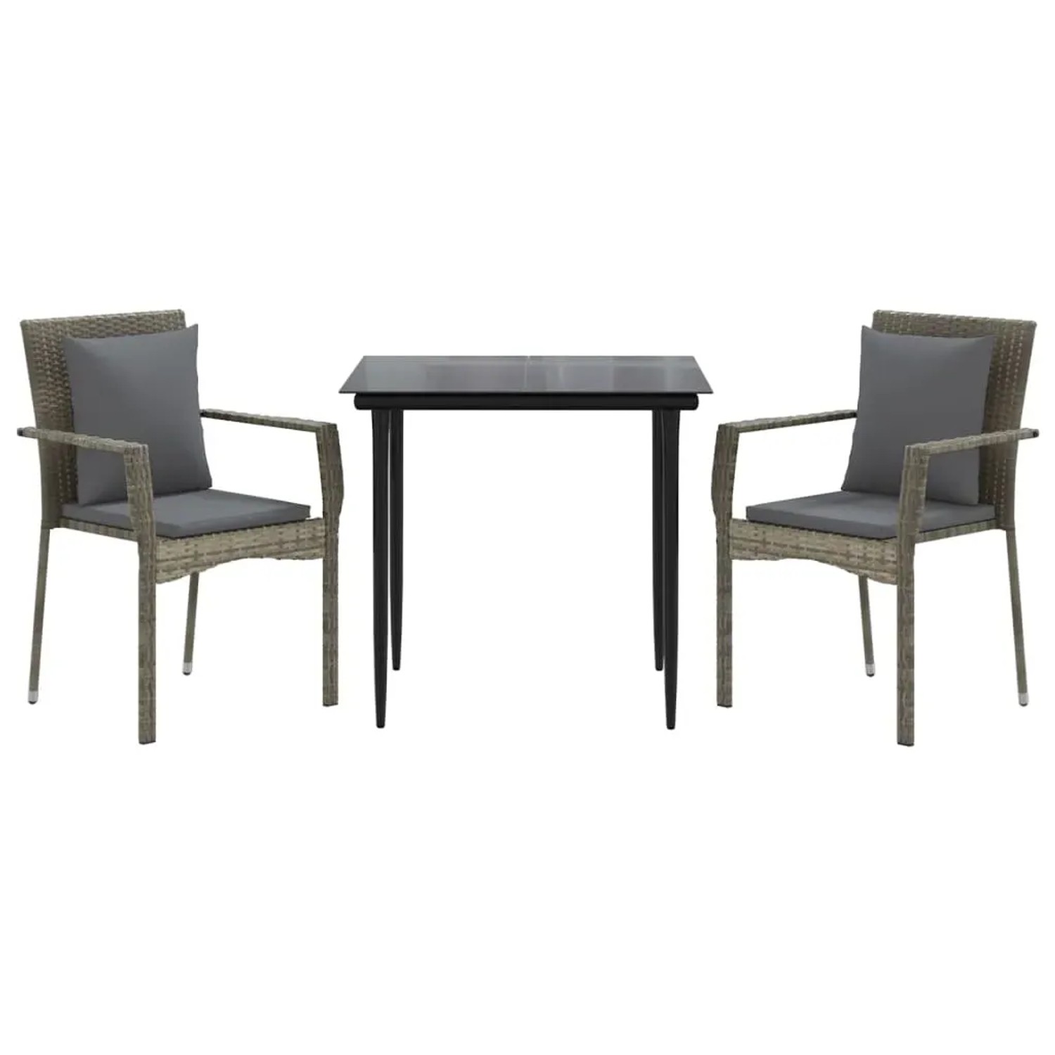 3-teilige Garten Essgruppe aus Rattan in Schwarz/Grau mit Tisch und Stühlen inklusive Kissen.