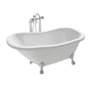 Freistehende Badewanne Queen in Weiß mit silbernen Klauenfüßen.