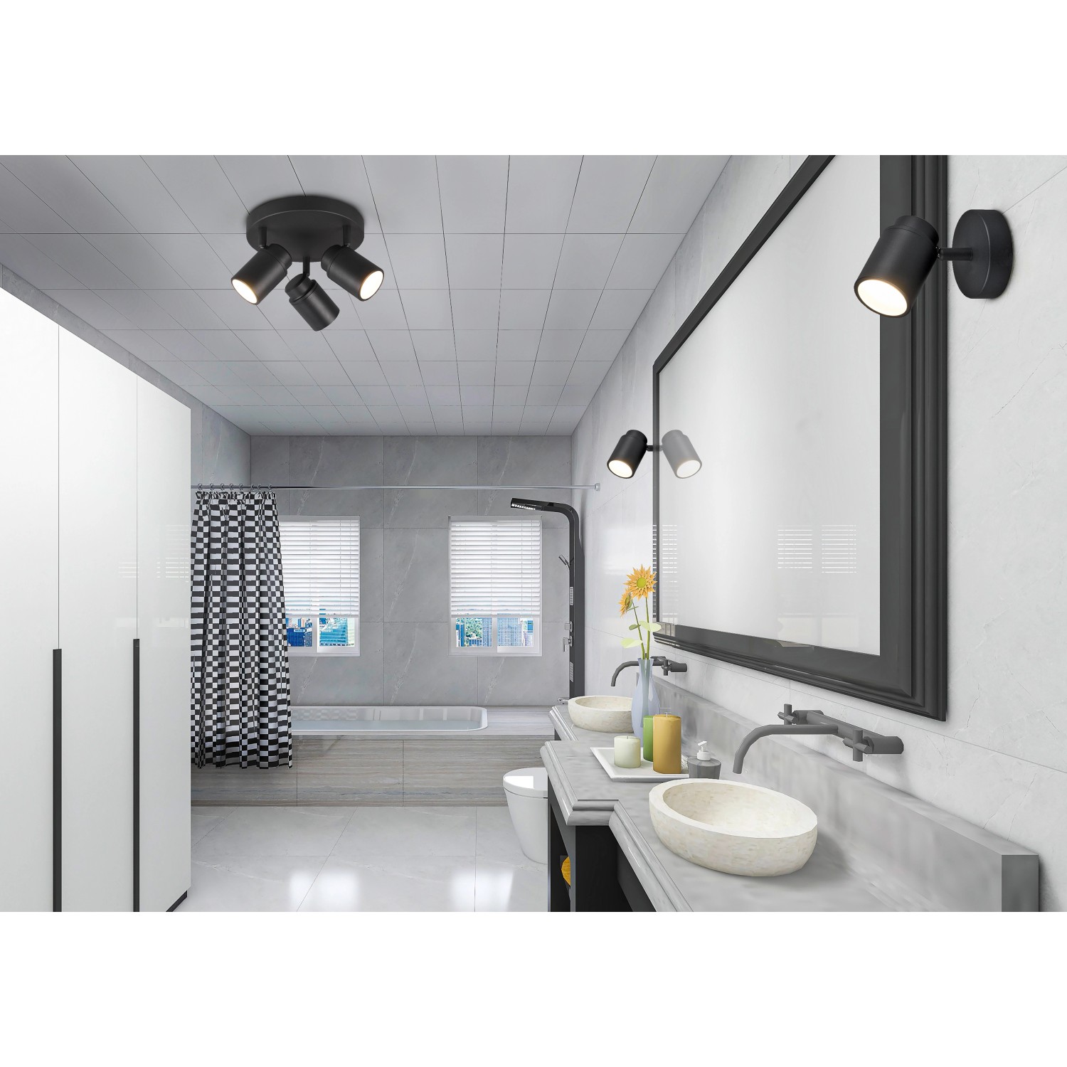 Trio Strahler Angelo, schwarze Bad-Wandleuchte mit drei Spots im modernen Badezimmer.