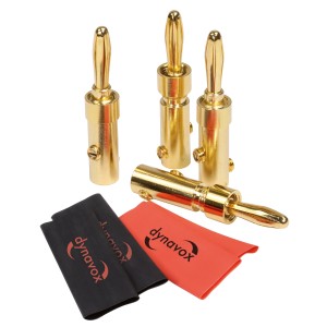 Dynavox Perfect Sound Bananenstecker Set mit vergoldeten Steckern und Schrumpfschläuchen.