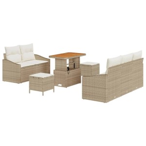 Beiges 8-teiliges vidaXL Garten-Sofa-Set aus Polyrattan mit Tisch, Sofas und Hockern.