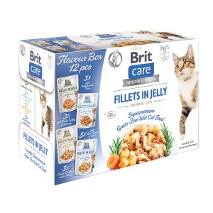 Brit Care Multipack Katzen-Nassfutter Adult, 12 Portionsbeutel mit Filet in Gelee.