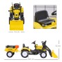 Gelb-schwarzer HOMCOM Trettraktor mit Frontlader, Schaufel und Anhänger. Robuster Pedal-Traktor für Kinder, Maße sichtbar.