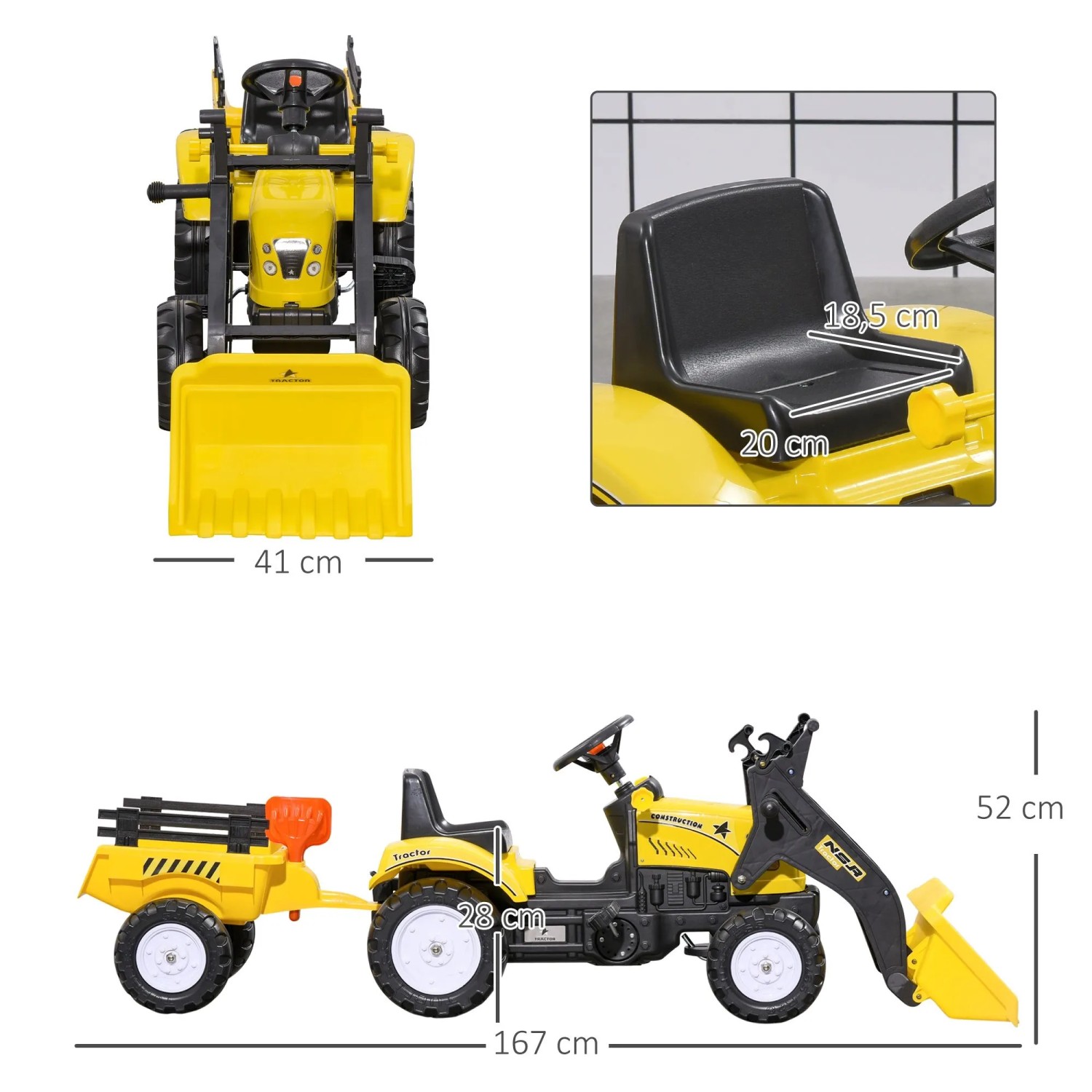 Gelb-schwarzer HOMCOM Trettraktor mit Frontlader, Schaufel und Anhänger. Robuster Pedal-Traktor für Kinder, Maße sichtbar.