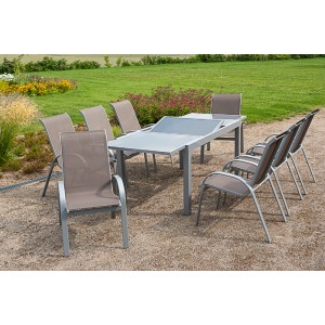 Merxx Gartenmöbel-Set Amalfi, 9-teilig, mit Ausziehtisch und taupefarbenen Textilstühlen.