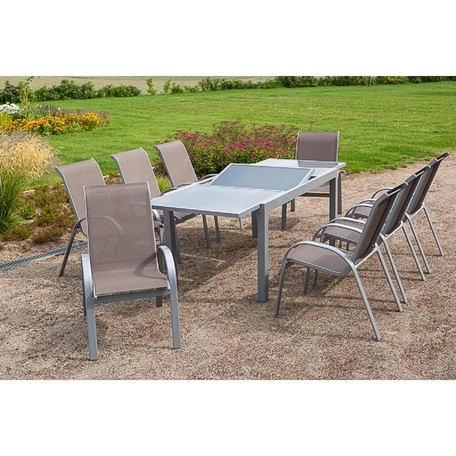 Merxx GartenmöbelSet Amalfi 9tlg. Taupe mit Ausziehtisch 160/220 x 90