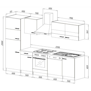 Skizze der Respekta Küchenzeile KB280ESWCGKE, 280 cm, Weiß und Eiche Sägerau Nachbildung, mit Maßen.