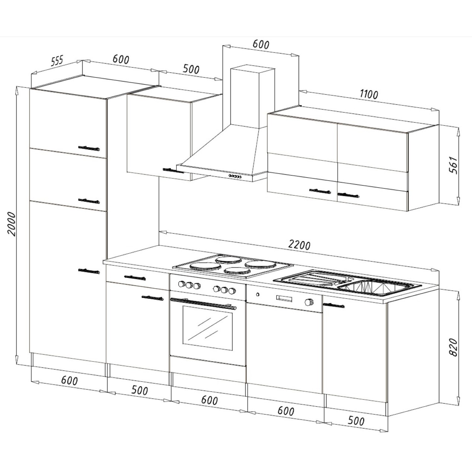 Skizze der Respekta Küchenzeile KB280ESWCGKE, 280 cm, Weiß und Eiche Sägerau Nachbildung, mit Maßen.