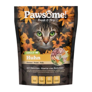 Pawsome Katzen-Trockenfutter Huhn, 750g Packung mit Katzenmotiv und Zutatenhinweis.
