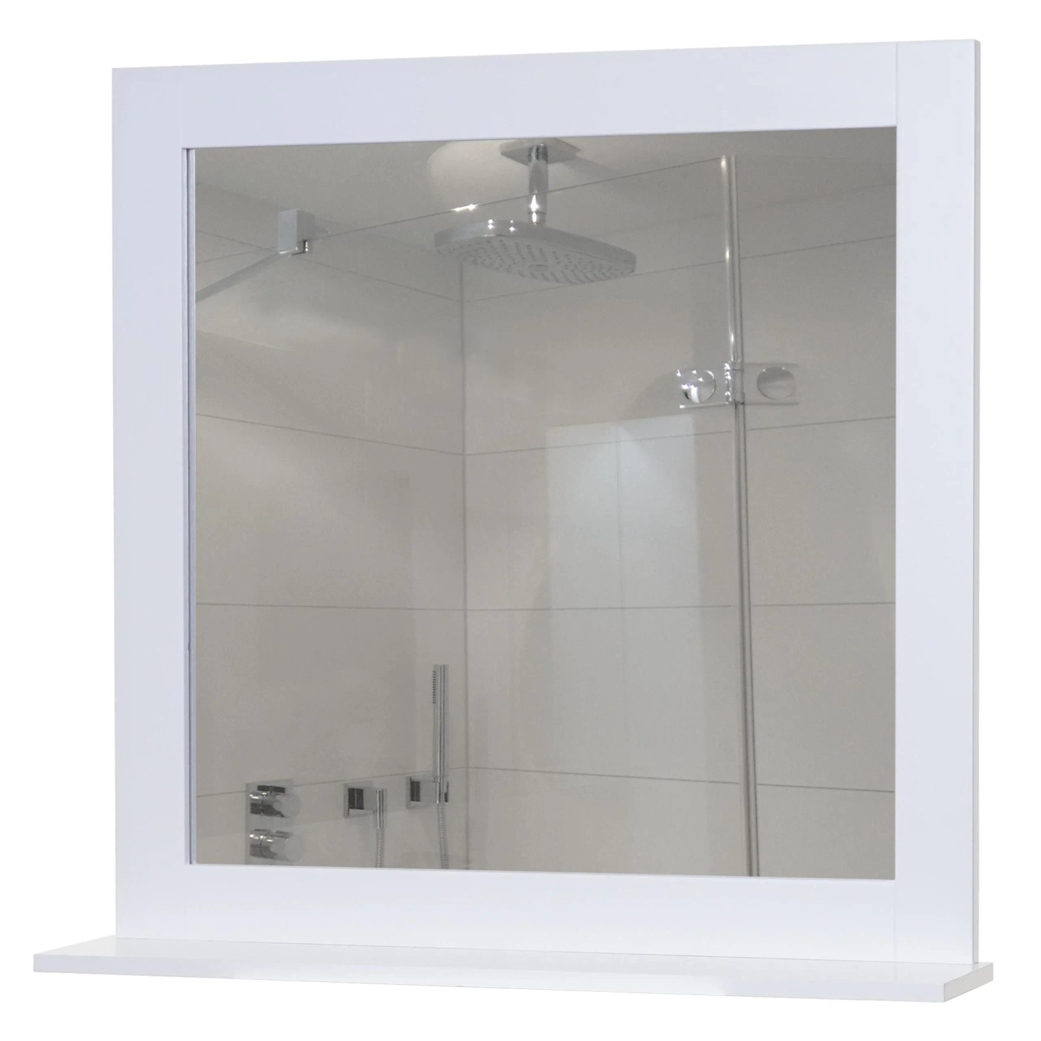 Weißer MCW Wandspiegel F75 mit Ablagefläche, quadratisch, reflektiert modernes Badezimmer. Ideal für Bad.