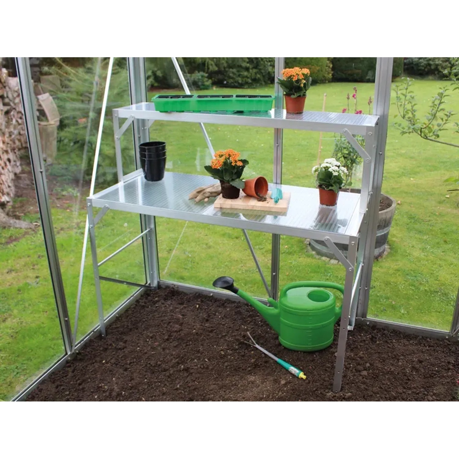 Vitavia Alu-Tischaufsatz mit HKP-Ablage im Gewächshaus, 121x39 cm, Alu Blank.