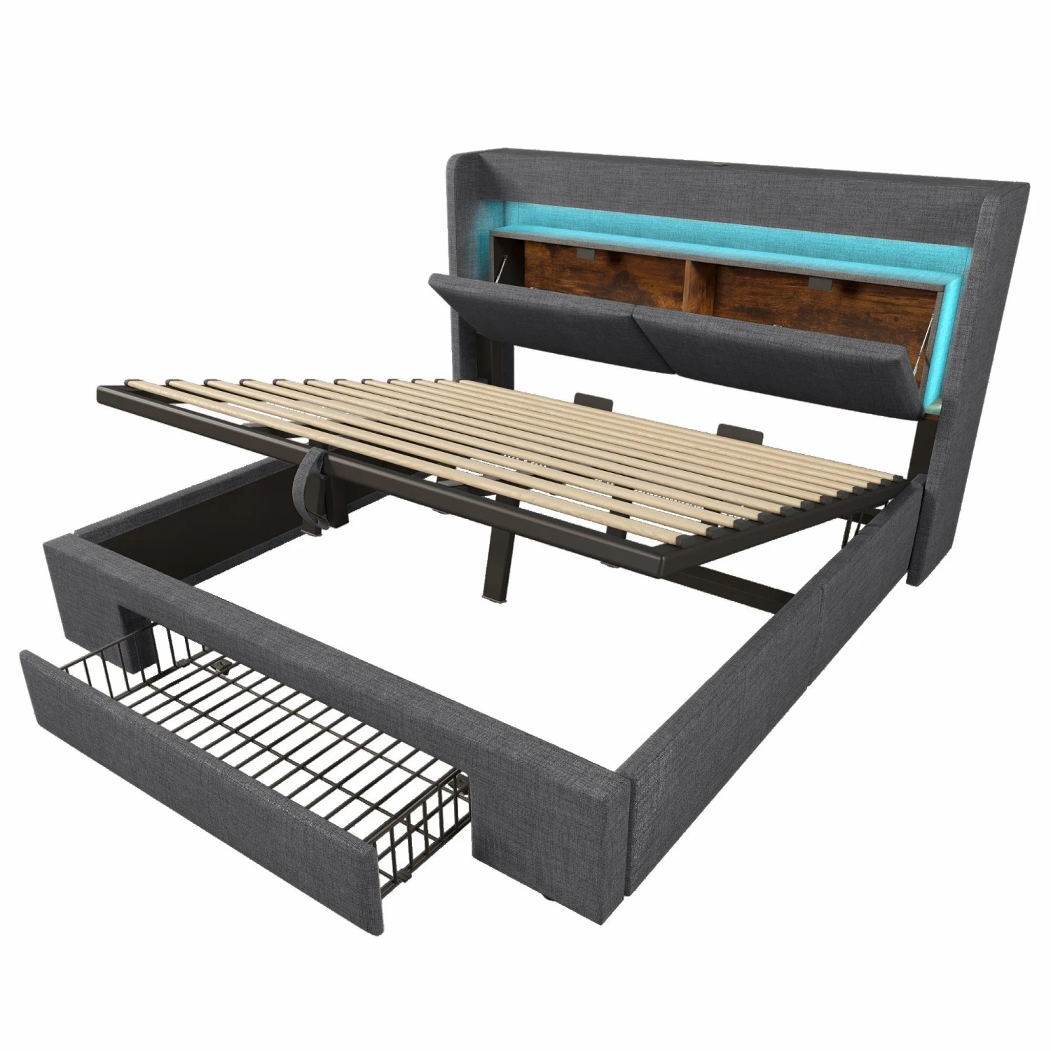 Merax Polsterbett 180x200cm LED USB-C Hydraulik Grau