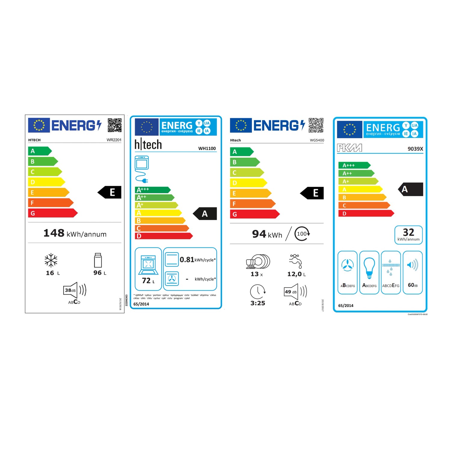 Energieetiketten verschiedener Haushaltsgeräte im Vergleich.