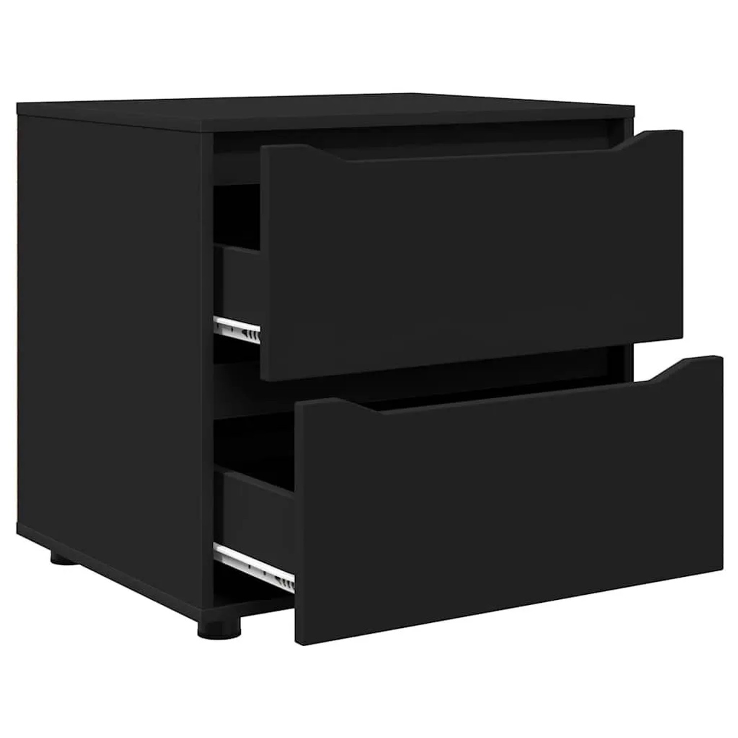 Schwarzer vidaXL Aufbewahrungsschrank (60x48x57 cm) mit 2 Schubladen, teilgeöffnet. Wohnzimmerschrank aus Holzwerkstoff.