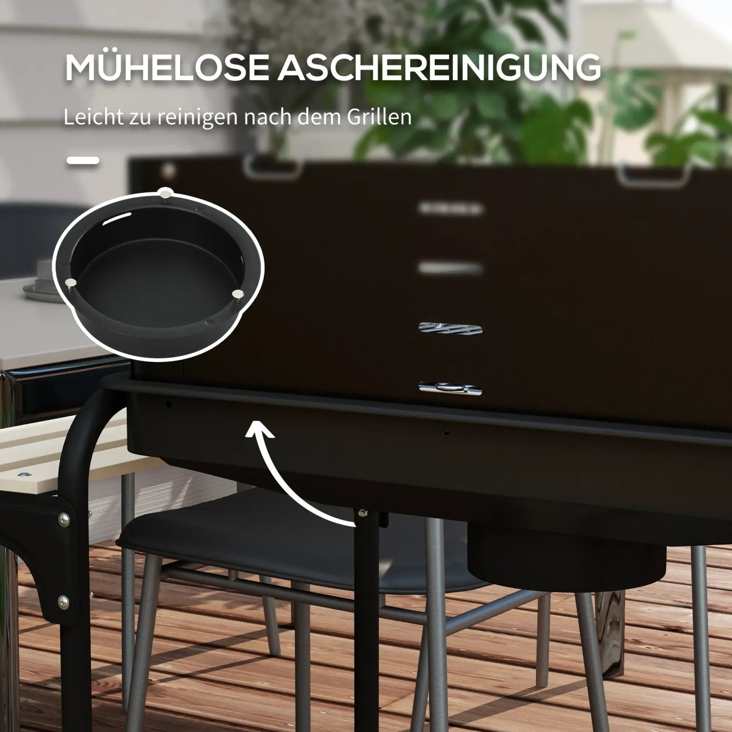 Detailaufnahme des Outsunny Holzkohlegrills: Aschebehälter für einfache Reinigung des Grills.