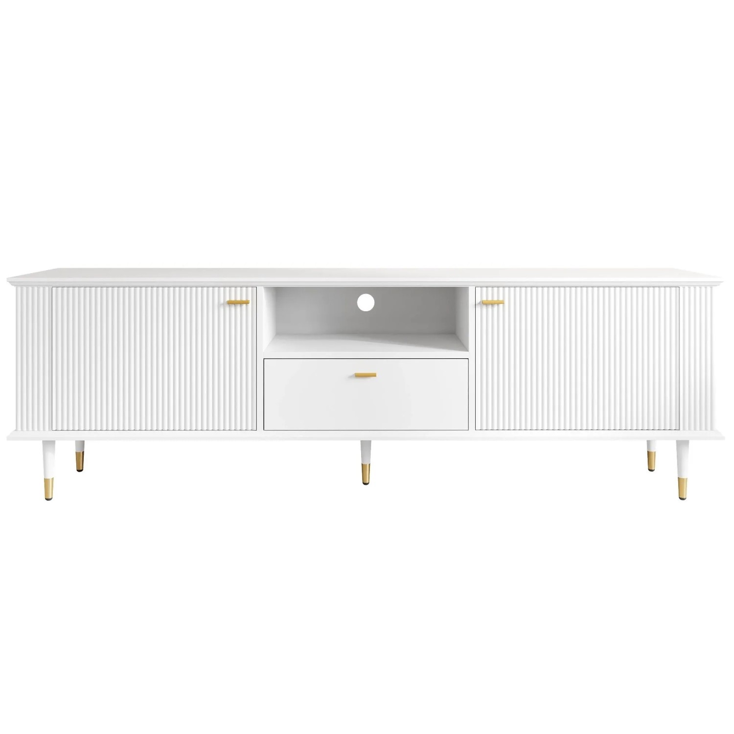 okwish TV Schrank mit Offenen Fächern Schubladen Soft Close Wohnzimmer 170×36×54cm Weiß