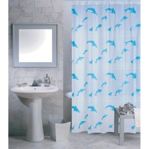 MSV Anti-Schimmel Duschvorhang (180x200cm) mit blauem Delfin-Muster.