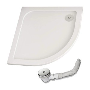 Weiße AICA Viertelkreis Duschtasse 80x80 mit Ablaufgarnitur aus Kunststein.