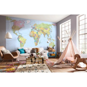 Komar Vlies Fototapete World Map im Wohnzimmer, Weltkarte mit Kontinenten und Ländern.