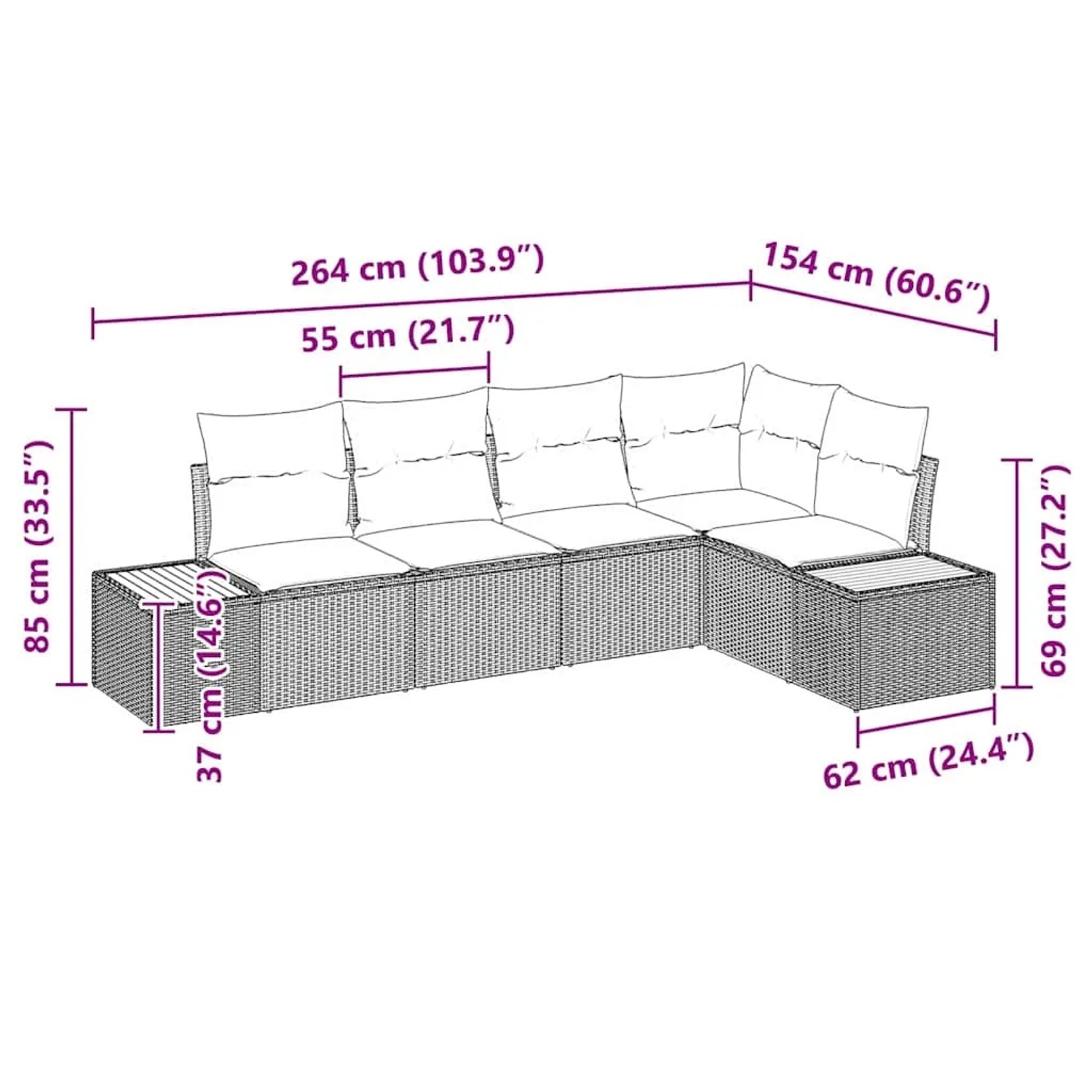 Schwarzes 5-tlg. vidaXL Garten-Sofa-Set aus Polyrattan mit Kissen, modulare Gartenmöbel.