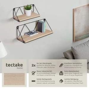 2er Set Wandregale im Industrial Style, Holz hell Eiche Sonoma mit schwarzem Stahlgestell.