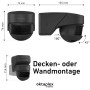 Oktaplex Lea Bewegungsmelder, anthrazit, 180° Erfassung, Wand-, Decken- und Eckmontage, mit Maßangaben.