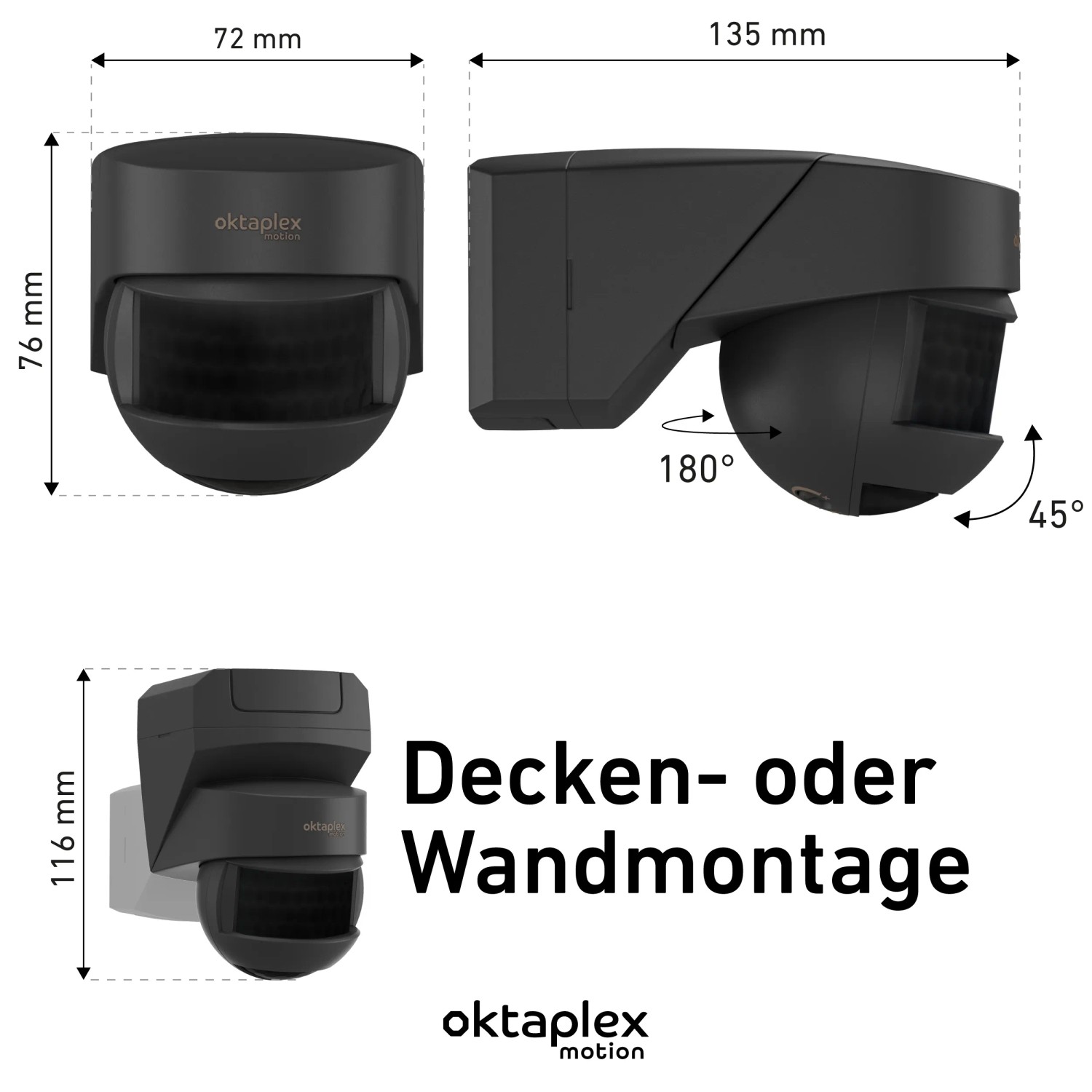 Oktaplex Lea Bewegungsmelder, anthrazit, 180° Erfassung, Wand-, Decken- und Eckmontage, mit Maßangaben.
