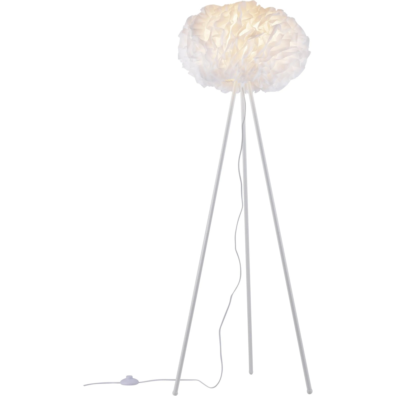 Weiße LED-Stehlampe LOLAsmart-Naomi von Just Light, Höhe 140 cm, mit Stoffschirm und Stativfuß.