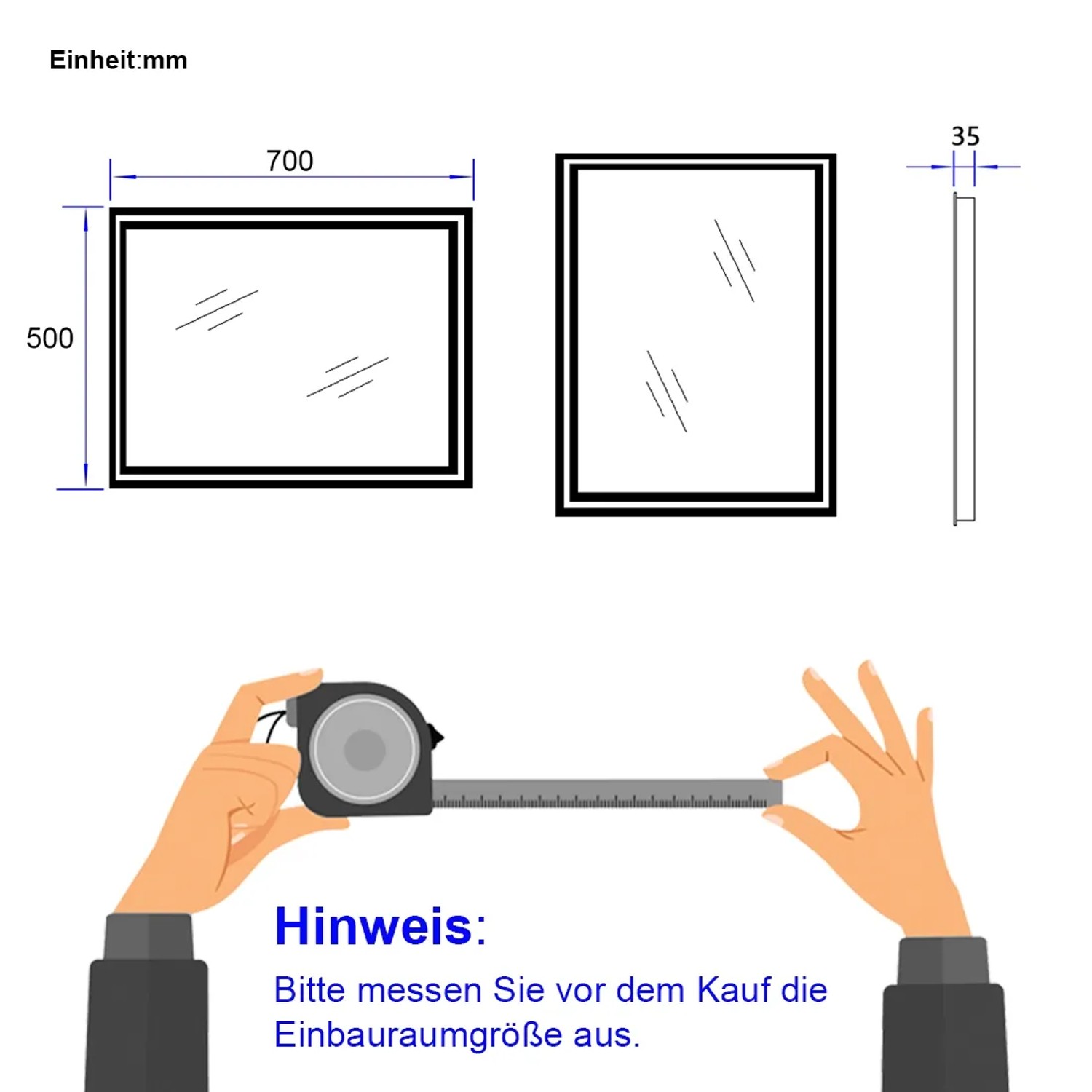 Skizze Emke LED Badspiegel 70x50cm mit Maßangaben und Hinweis zum Ausmessen.