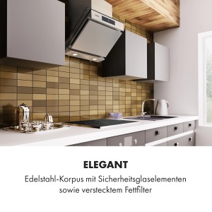Klarstein Balzac Silent 60 Dunstabzugshaube aus Edelstahl und Glas in einer modernen Küche.