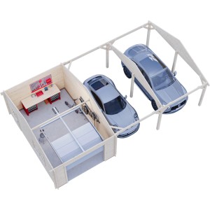 Palmako Garage Roger mit Sektionaltor und Carport, naturbelassen, mit zwei Autos und Werkbank.