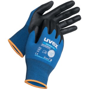 Uvex Phynomic Wet Arbeitshandschuhe Gr. 10, blaue Handfläche, schwarze Finger für feuchte Bereiche.