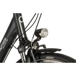 Detailaufnahme: Prophete Geniesser 500 Cityrad, 28 Zoll, schwarz matt, mit LED-Beleuchtung und Federgabel.