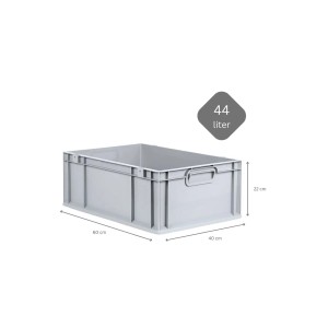 Graue PROREGAL Eurobox 44L mit Scharnierdeckel, 40x60x22cm, für Lagerung und Transport.