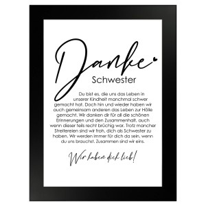 Gerahmtes Poster "Danke Schwester" (13x18 cm) mit schwarzem Rahmen, Geschenkidee.