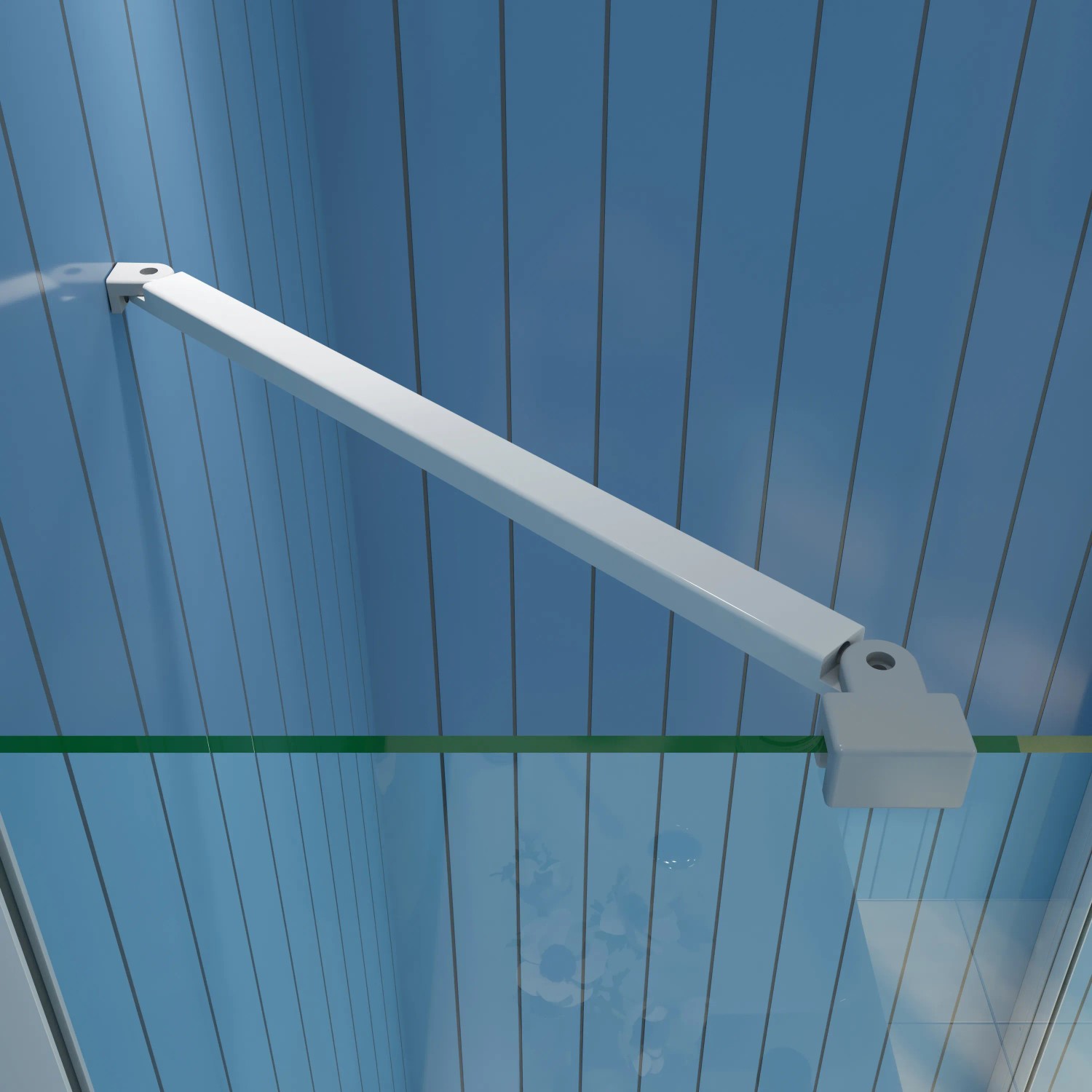 Detailaufnahme: Alu-Duschkabine mit Stabilisierungsstange in Silber Matt. Eckige Pendeltür Dusche.