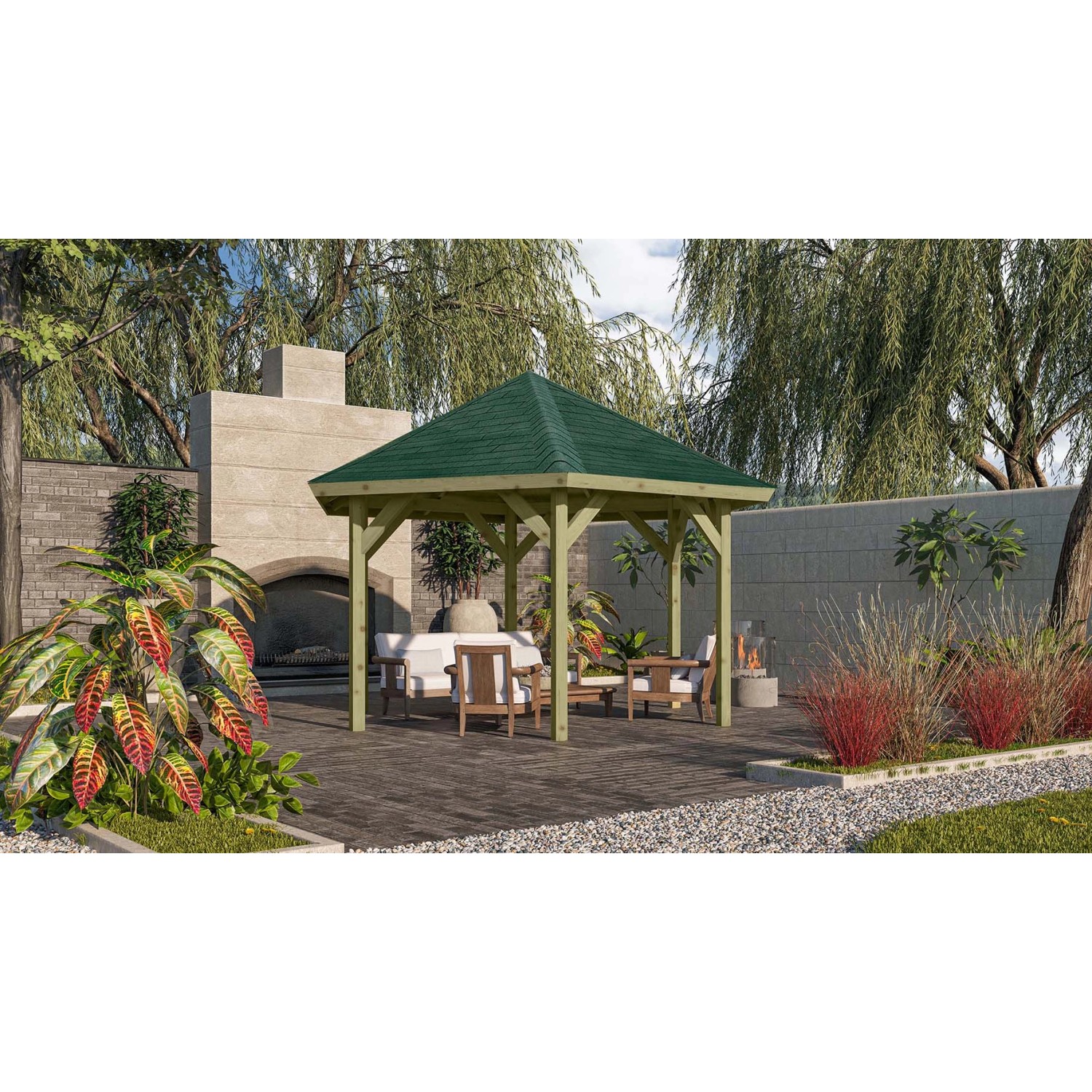 Karibu Pavillon Akerhus Set kdi mit Schindeln Grün 370 cm x 324 cm x 315 cm