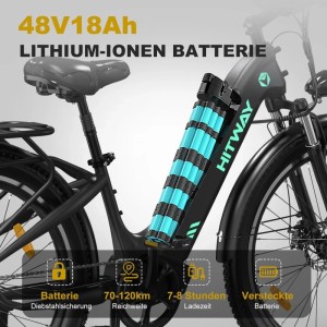 HITWAY E-Bike BK16: Integrierter 48V 18Ah Lithium-Ionen Akku im schwarzen Rahmen. Hohe Reichweite, diebstahlgeschützt.