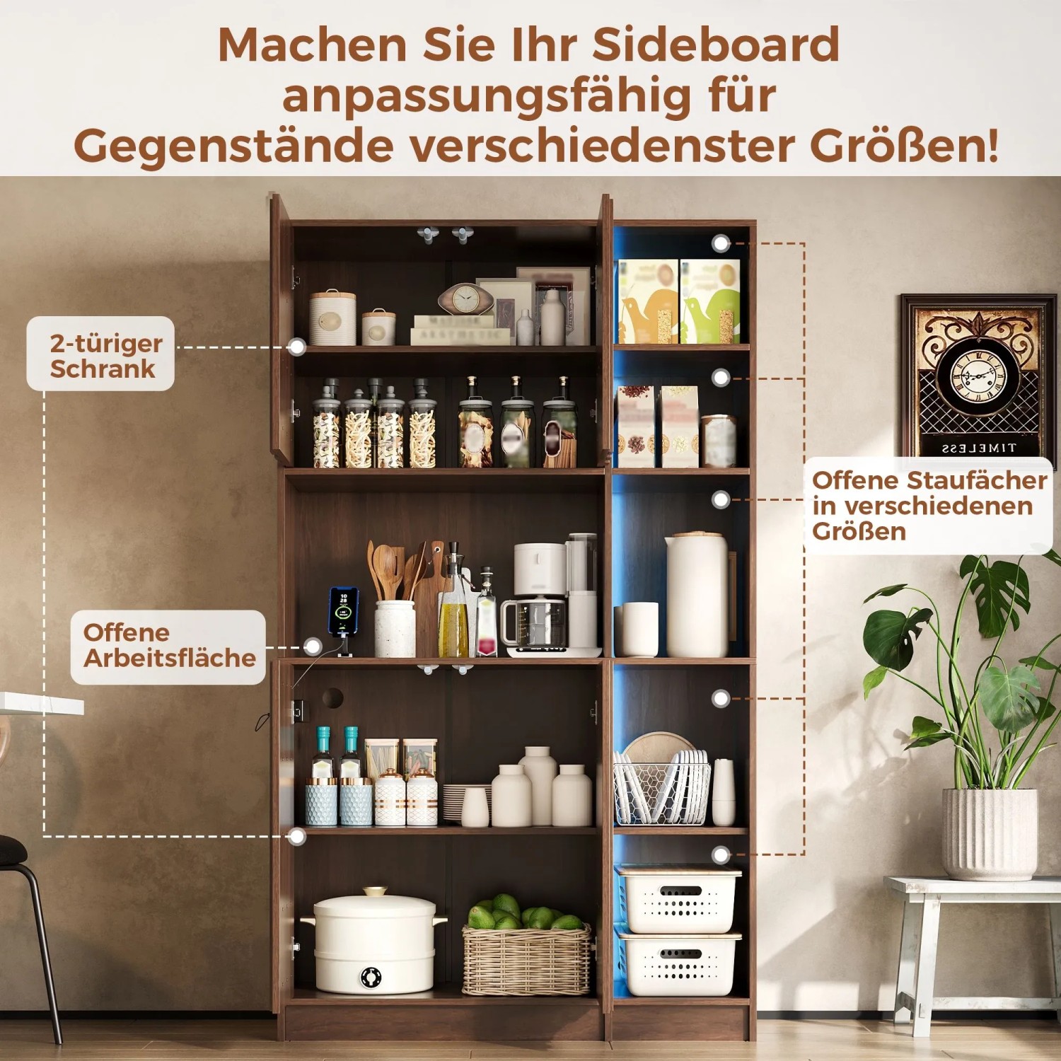 Merax Küchenschrank 180x105x40 cm LED Steckdosen Bücherregal Vitrine_9