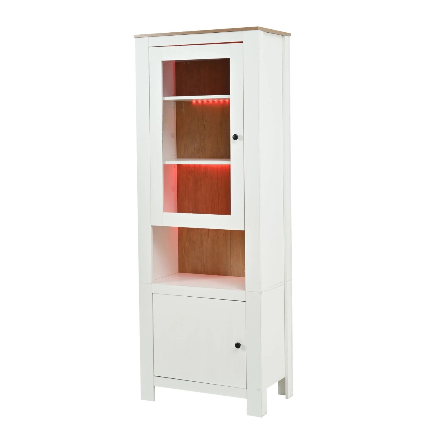 okwish Hochschrank mit LED Glasvitrine Einlegeböden Stauraum Wohnzimmer 70x40x188cm Weiß