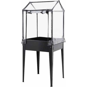 Eckiges, anthrazitfarbenes Metall-Hochbeet (60x60x130 cm) von Siena Garden mit Gewächshausaufsatz.