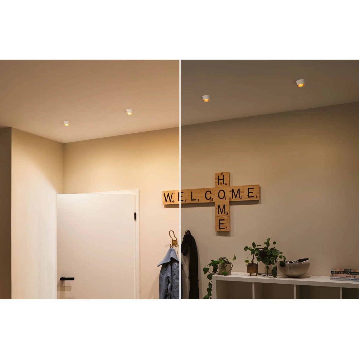 LED Einbauleuchten-Set Gil Coin, 3er, weiß-gold, mit 3-Stufen-Dimmung, warmweißes Licht im Raum.