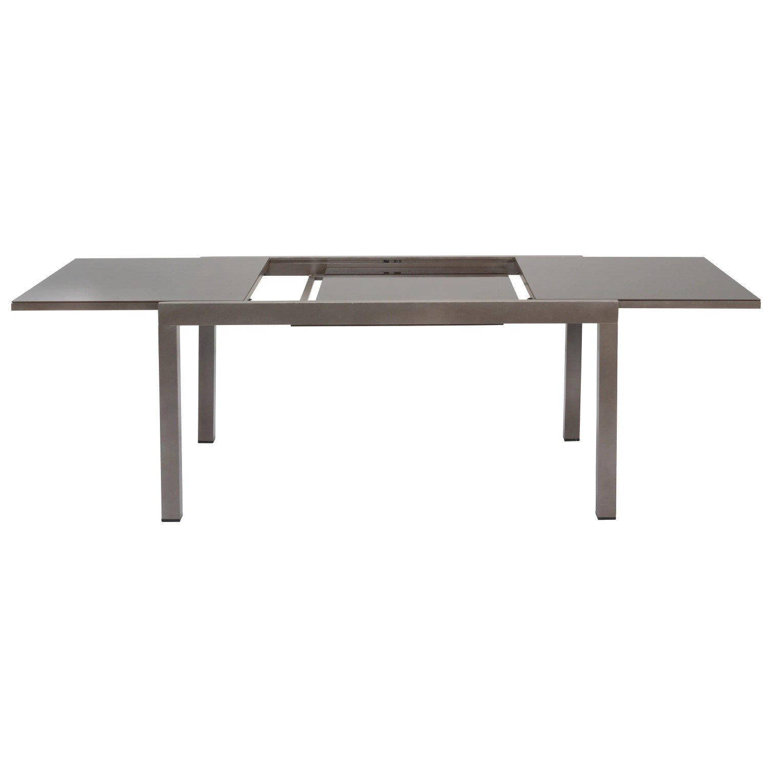 Ausziehbarer Gartentisch des Merxx Tinetto Gartenmöbel-Sets mit braunem Aluminiumgestell und Glasplatte.