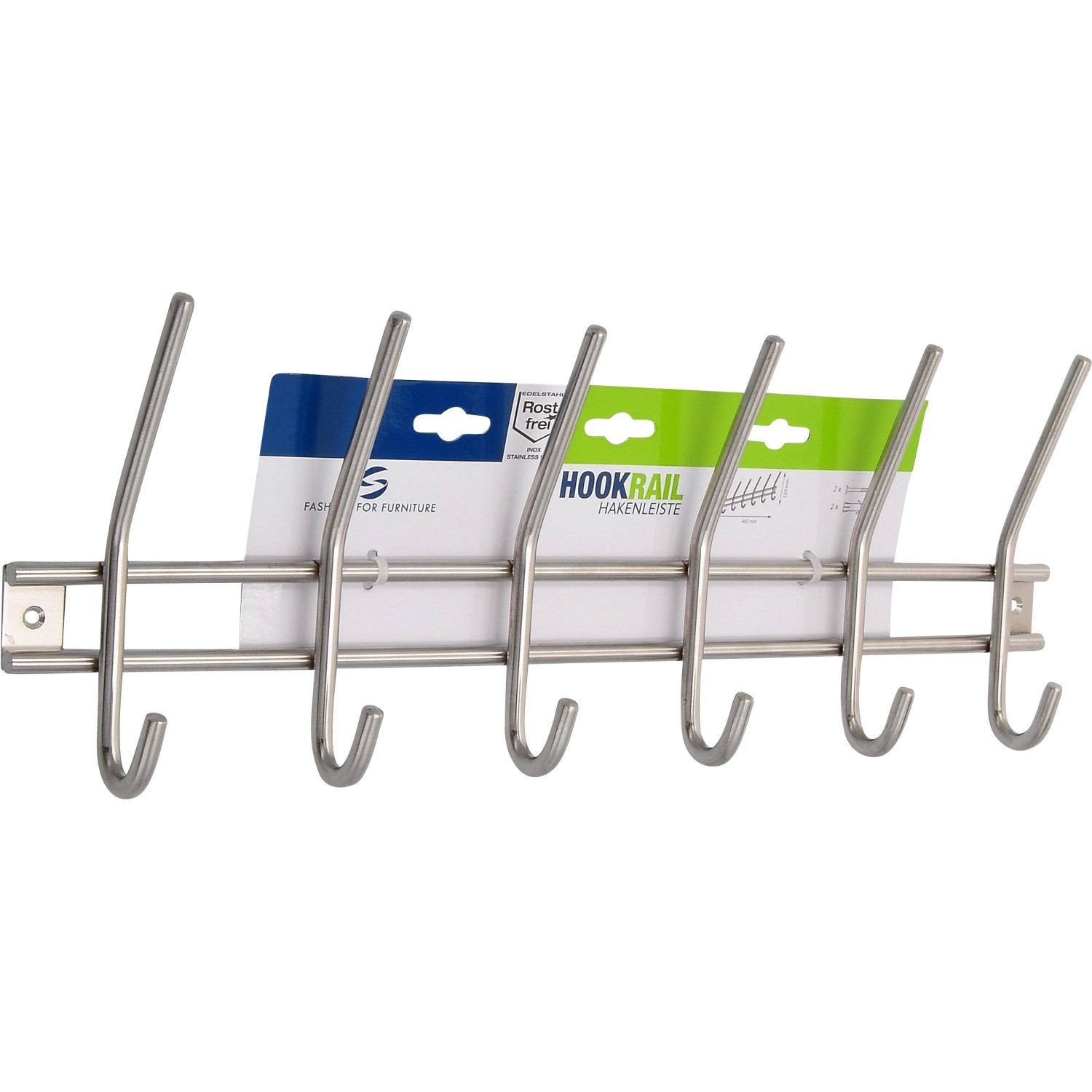 Siro Hakenleiste Edelstahl, 6 Haken, Länge 460mm, zur Wandmontage.