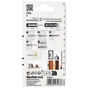 Fischer Porenbetondübel FFA 8 K Nylon, 4 Stk. auf Verpackung. Zeigt Montageanleitung und Anwendungen in Porenbeton.