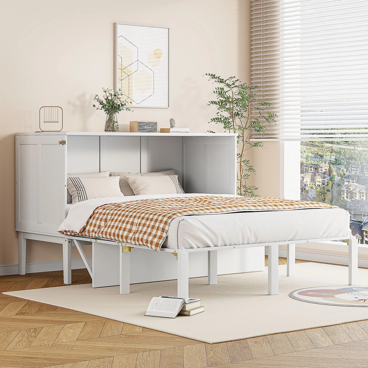 Weißes KOMHTOM Schrankbett 140x200cm mit Lattenrost, vertikal ausgeklappt. Platzsparendes Jugendbett aus Holz+MDF.