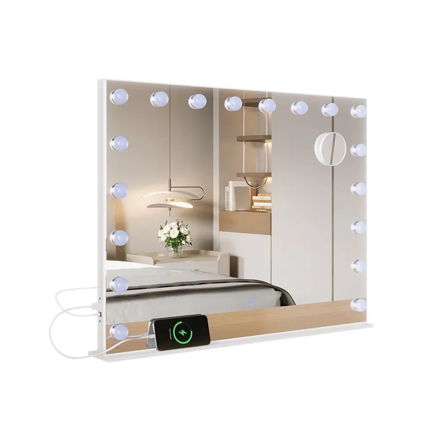 Vicco Schminktischspiegel Greta, weiß, 80x61cm, mit LED-Beleuchtung und USB-Anschluss.