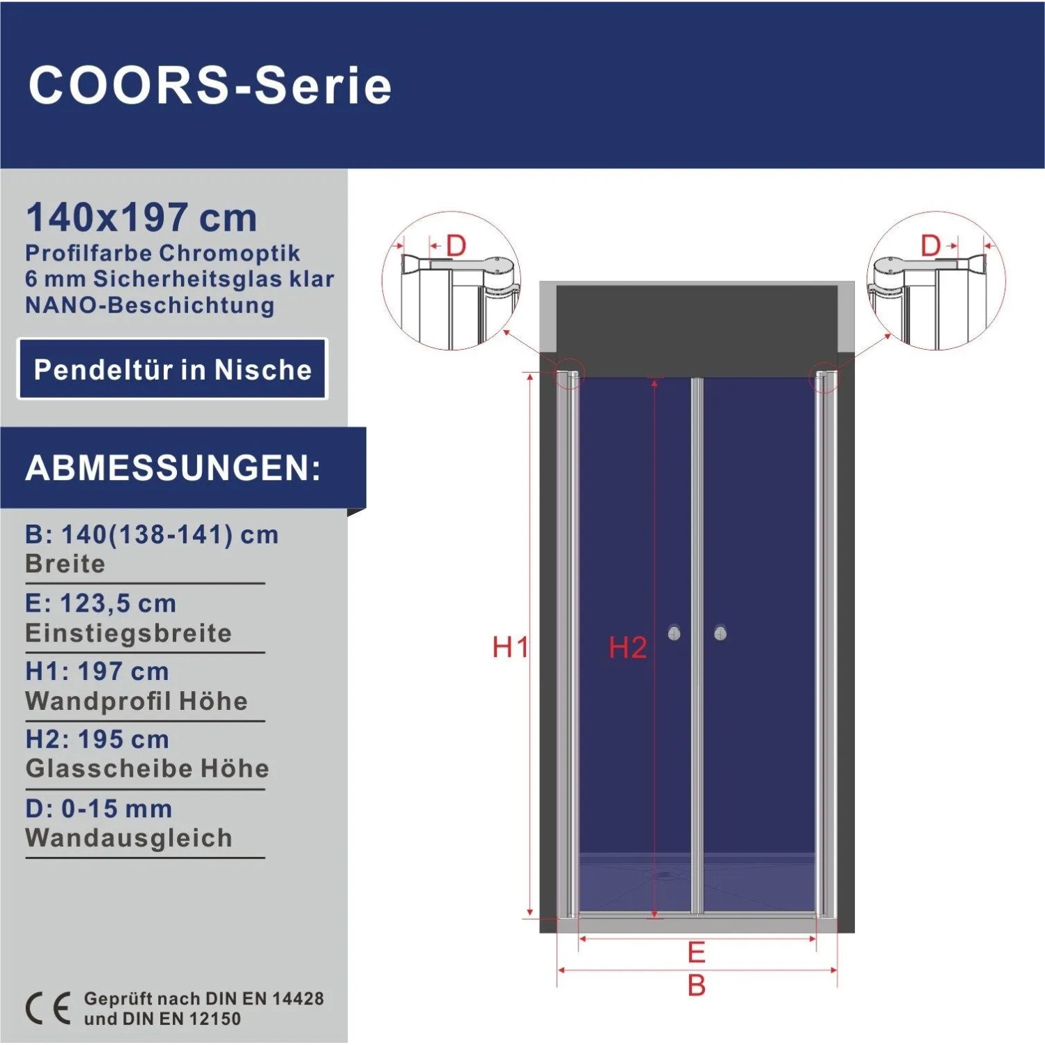Aquabatos 140 x 195 cm Duschkabine Nischentür Duschtür Glas Schwingtür 6 mm ESG Sicherheitsglas Pendeltür für Dusche Glastür mit Nano Beschichtung_3