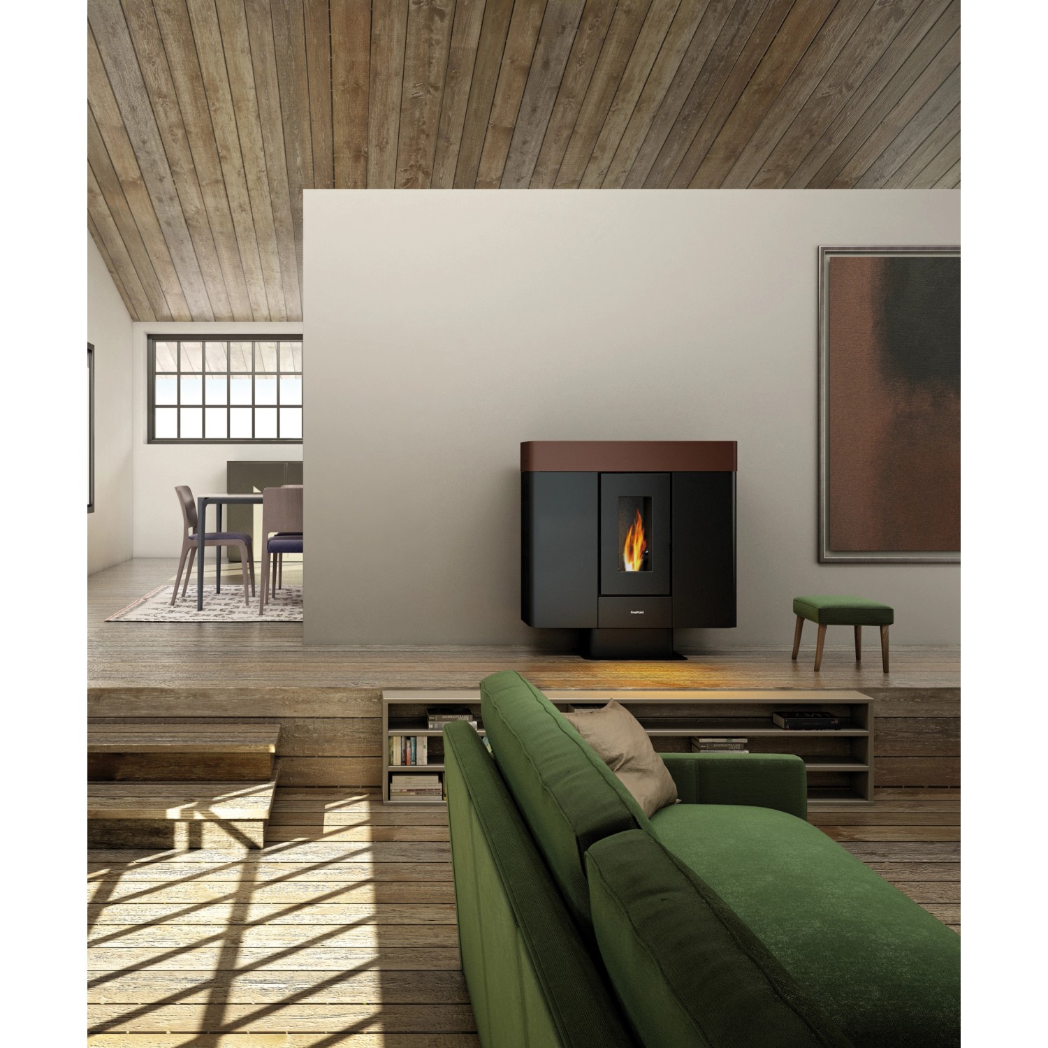 Freepoint Pelletofen Moon, Stahl braun, 10 kW, mit Flamme in modernem Wohnraum.